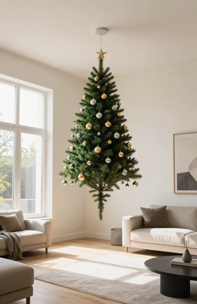 Upside-down Christmas tree decorated with ornaments and lights, modern unconventional holiday decor