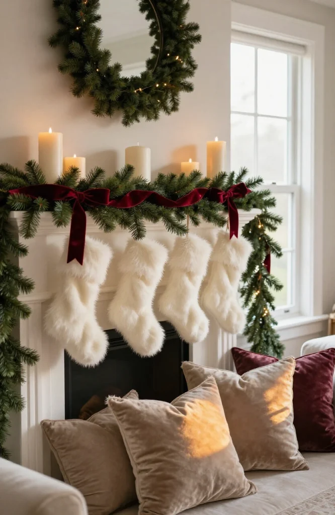 Christmas mantel decorated with layered velvet and faux fur accents in rich jewel tones and white textures