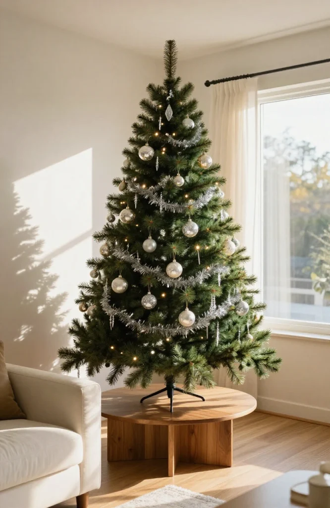 Vintage Christmas tree decorated with retro ornaments, warm lights, and classic tinsel garland