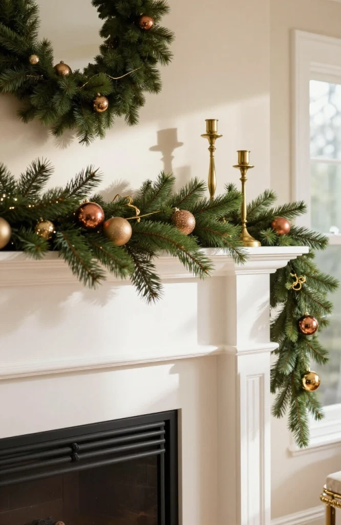 Christmas mantel decorated with warm gold and copper metallic accents, candles, and greenery