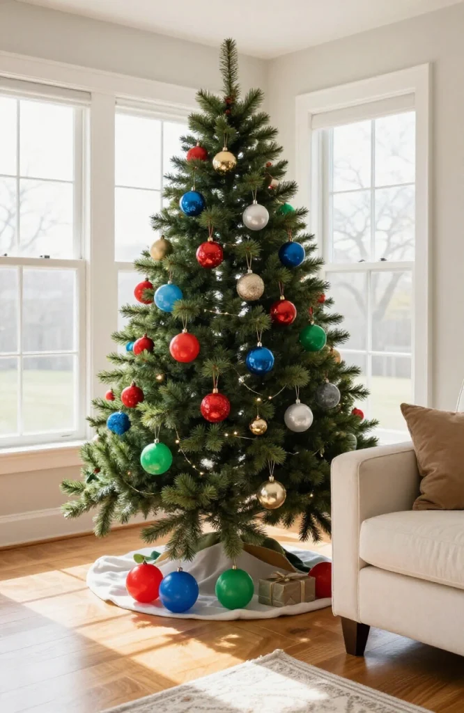 Colorful whimsical Christmas tree decorated with playful ornaments, garland, and lights for children