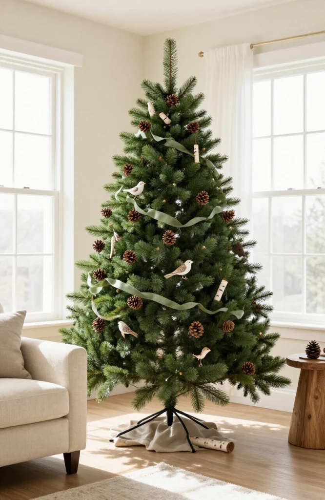 Christmas tree decorated with natural woodland elements including branches, pine cones, burlap ribbon, and rustic ornaments